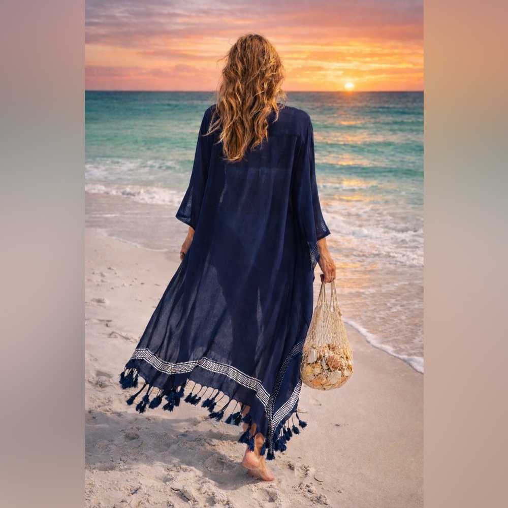 Boho Blue Sheer Kimono Swimsuit Beach Cover Up | OS | NWT | Coastal